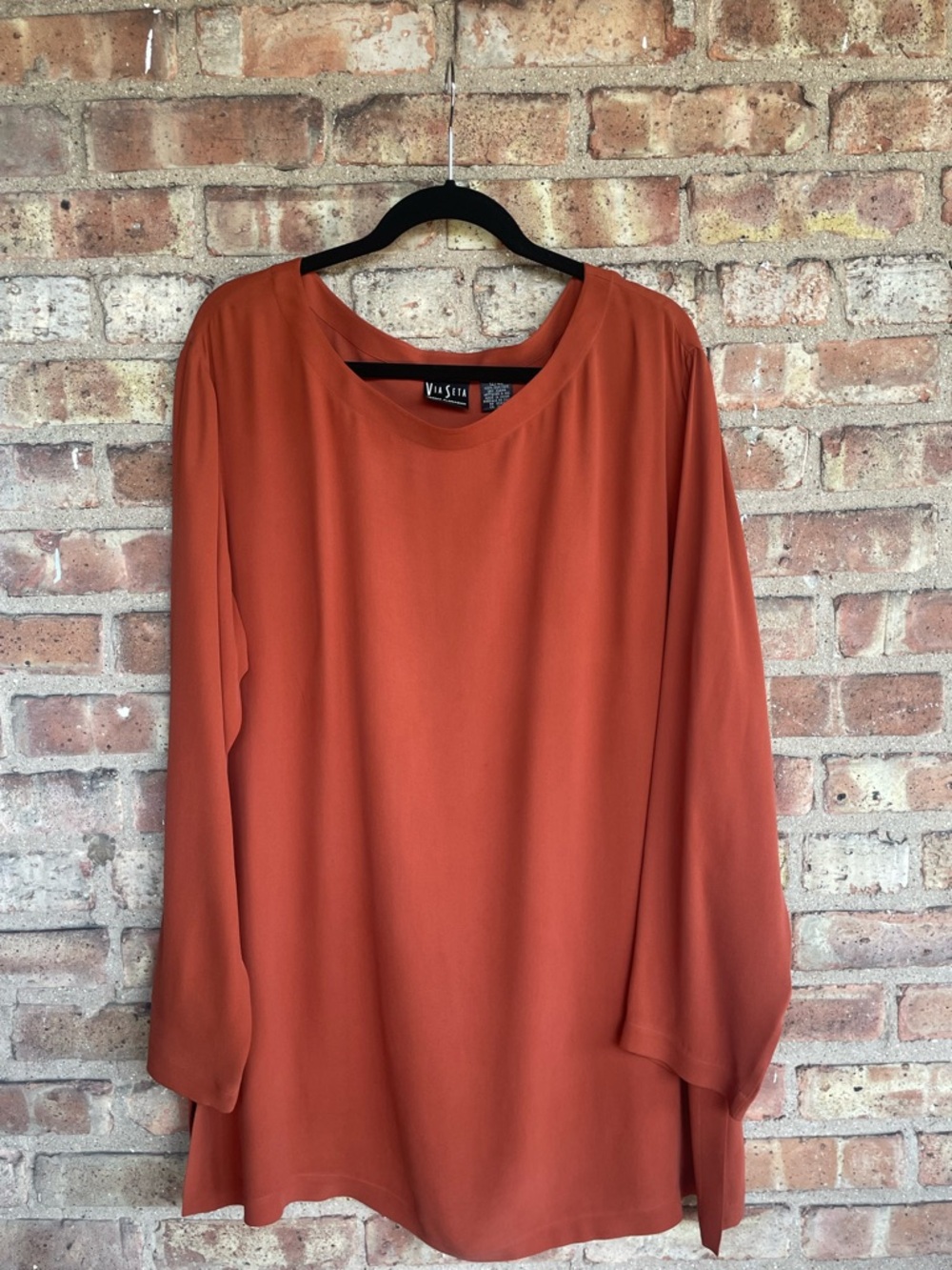 Vintage Via Seta Norma Flanagan Burnt Orange Silk Tunic Blouse